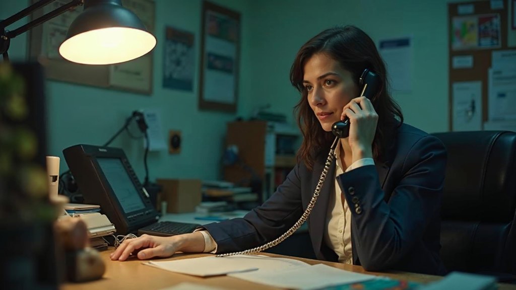 An office manager at a cluttered desk with a landline handset tucked under one ear, photographed in Norfolk