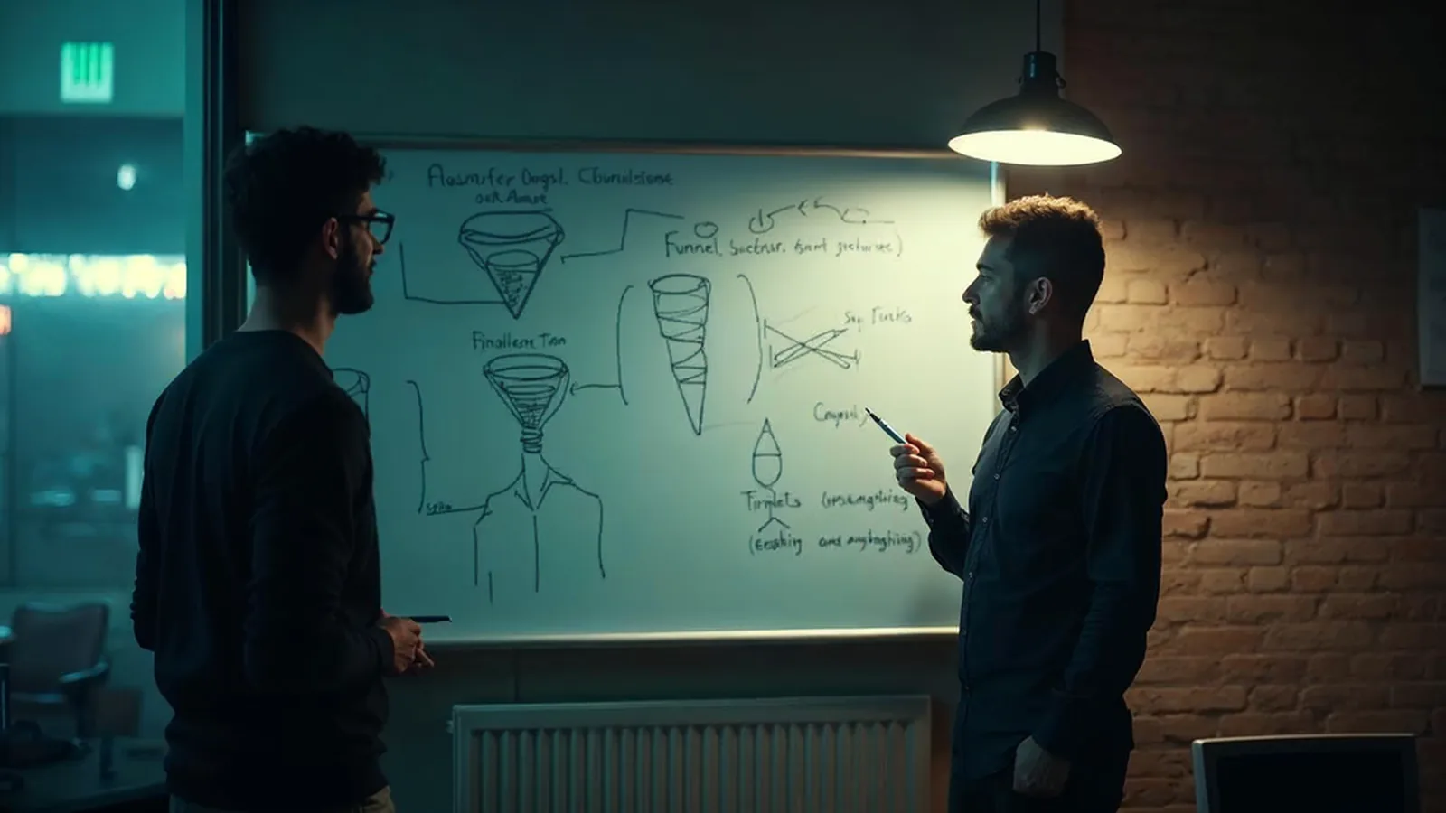 Conversion analyst working through hand-drawn funnel diagrams on a whiteboard late in the evening
