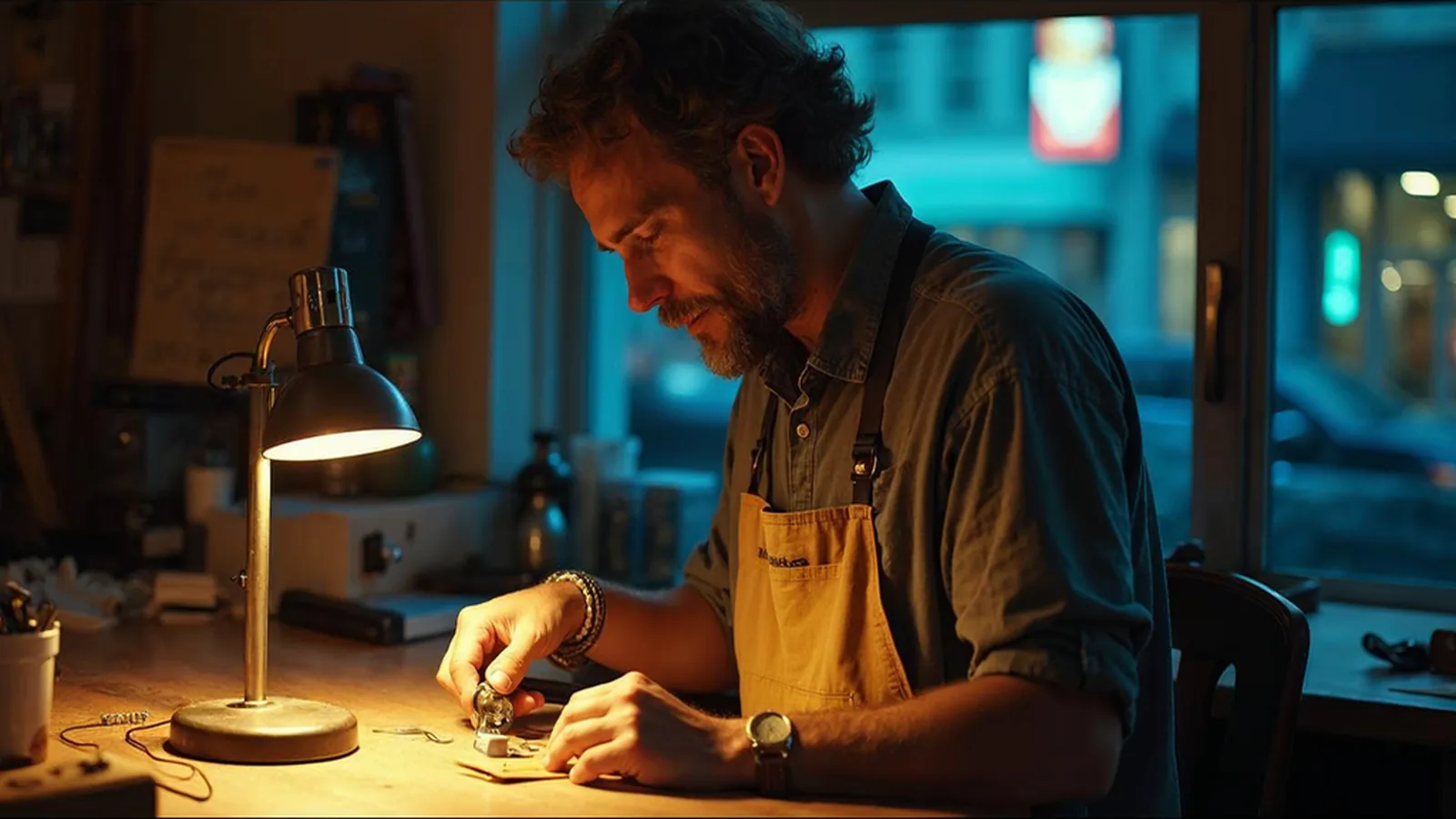 Nashville workshop owner packing an online order at a wooden bench under a warm work lamp at closing time
