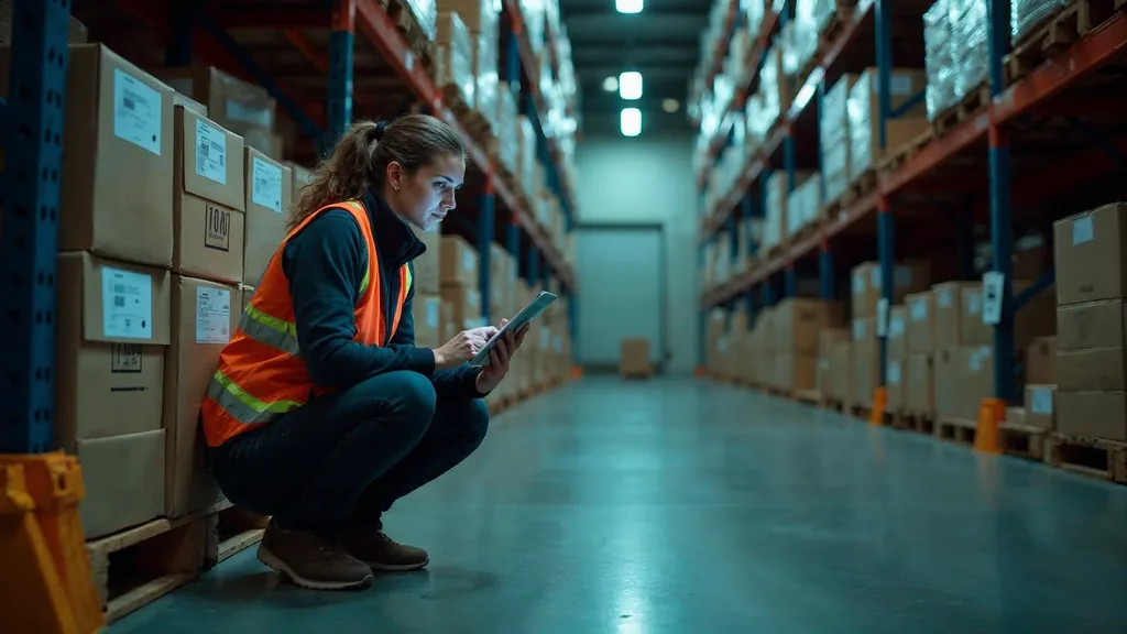 Brand operations manager checking a shipping label against a tablet beside a half-built pallet of cartons under a caged work lamp