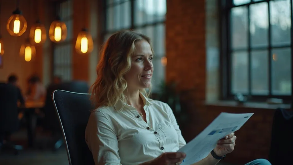 B2B marketing lead leaning back in a converted warehouse office at dusk holding a marked-up printed report under pendant bulbs
