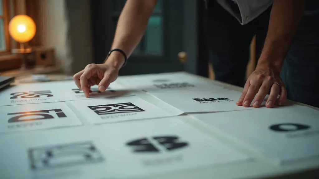 Brand designer laying printed logo variations across a studio table in afternoon window light