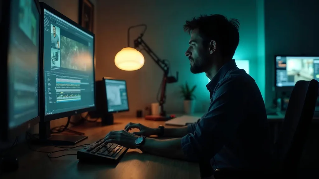 Video editor reviewing a vertical phone-format cut on a large monitor in a dim edit suite at night