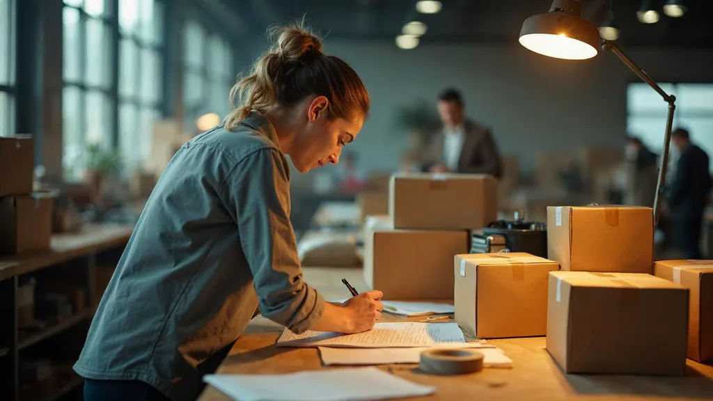 Community manager packing small product seeding boxes on a warehouse bench in early morning light