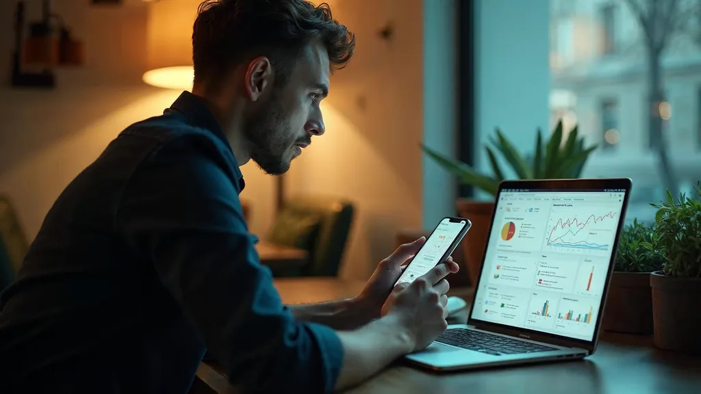 Mobile growth marketer comparing an iPhone against a laptop dashboard on a cafe table in early morning light