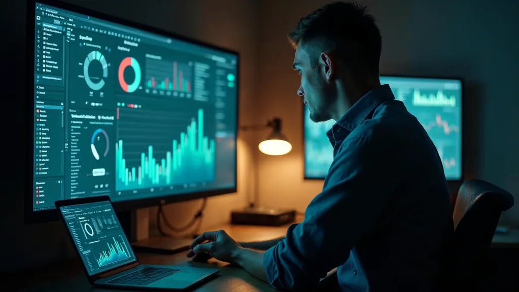 Analytics engineer at a standing desk at night checking a terminal against a screen of dashboards