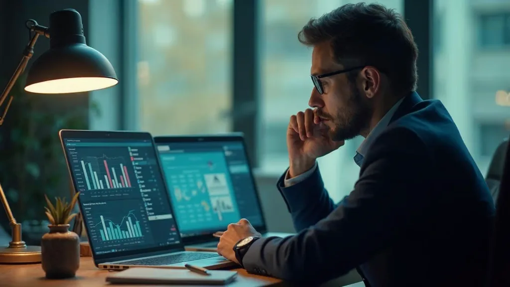 Analytics consultant comparing two laptop screens of charts in a quiet office in morning light