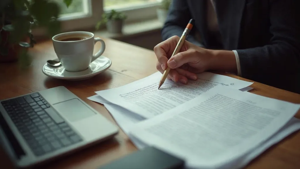 Writer marking up a printed manuscript page with a pencil beside a closed laptop in afternoon light