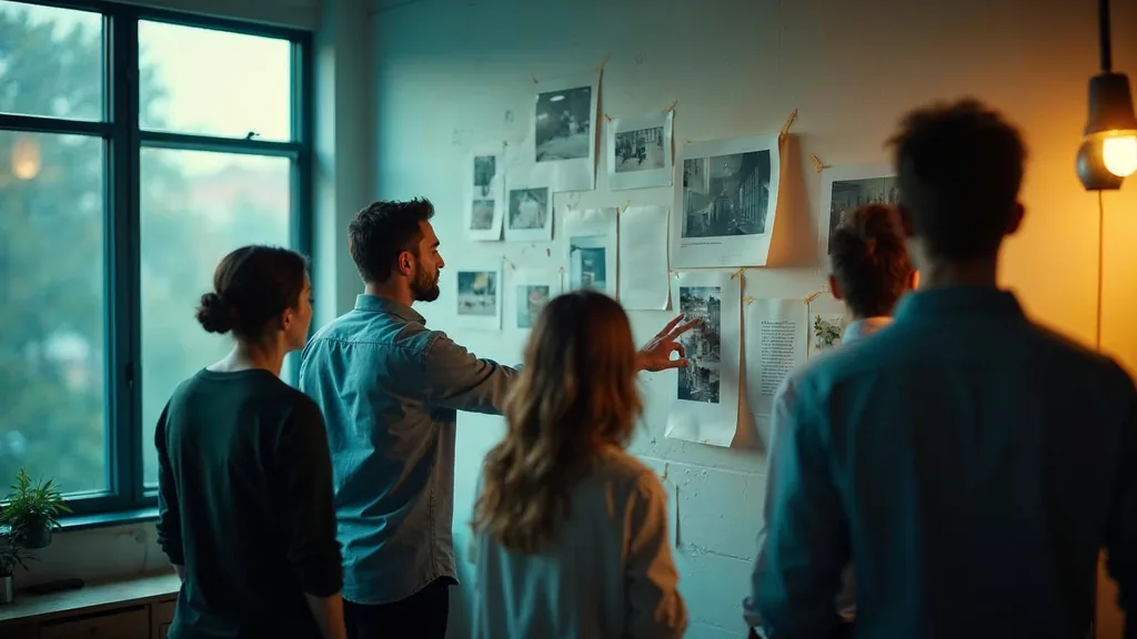 Creative team reviewing a wall of pinned printed ad frames and storyboards in daylight