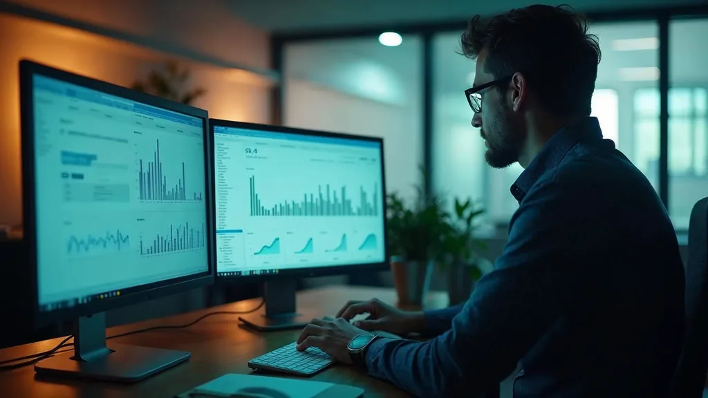 Revenue operations analyst reviewing pipeline dashboards on two monitors in an open-plan office