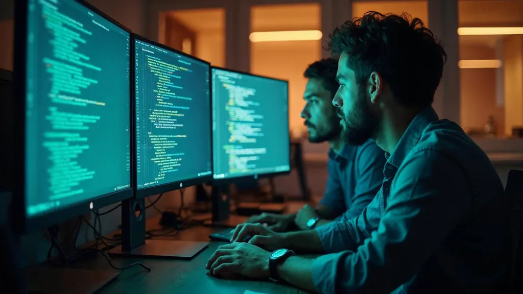Two software engineers reviewing code together on a large monitor in a quiet office
