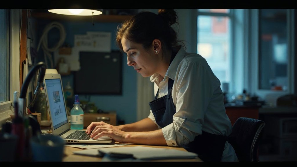 A small-business owner in an apron leaning over a laptop on a cluttered back-office desk late in the day, photographed in Oakland