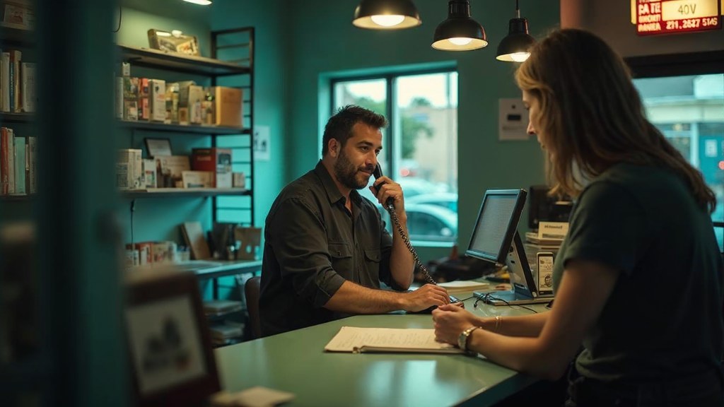 A shop manager standing behind the counter checking a phone while a customer waits at the till, photographed in Oakland