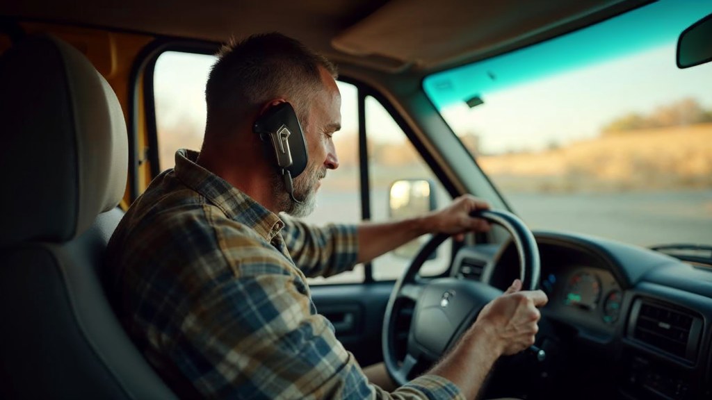 A contractor sitting in the cab of a work van reviewing a phone before driving off, photographed in Oakland
