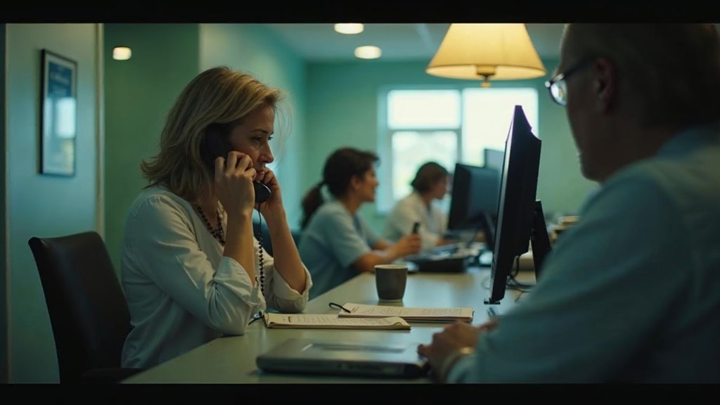 A clinic receptionist taking a phone call at a busy front desk with patients waiting, photographed in Oakland