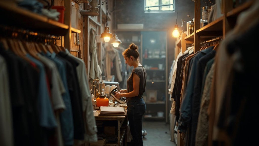 A boutique owner steaming garments in a narrow shop stockroom at opening time, photographed in Oakland