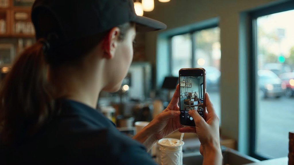 A young cafe worker filming a drink being poured on a phone propped against a napkin holder, photographed in Oakland