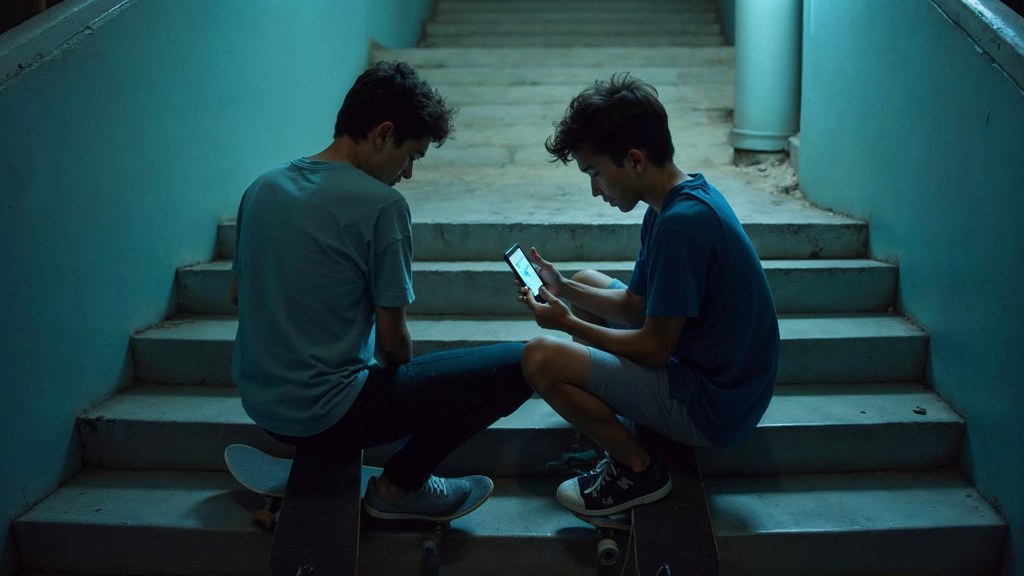 Two teenagers on skateboards looking at a phone on a set of concrete steps, photographed in Oakland