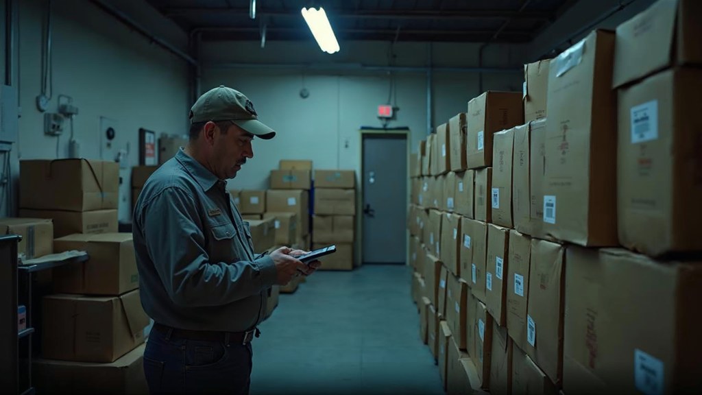 A seller checking barcodes on stacked cartons in a garage stockroom, photographed in Oakland
