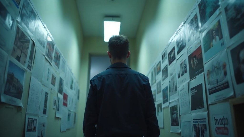 A media planner standing at a wall of printed layouts in a narrow agency corridor, photographed in Oakland