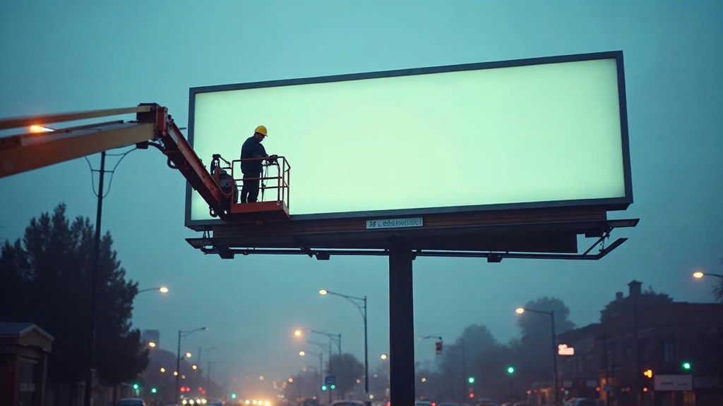 A crew member on a lift installing a blank billboard panel above a busy street, photographed in Oakland