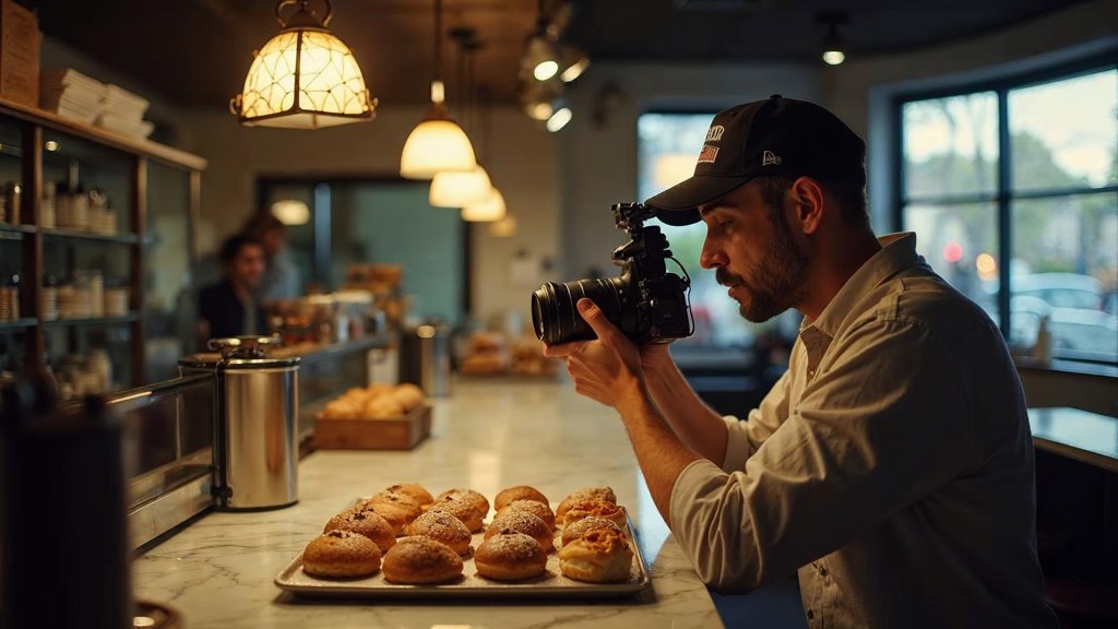 A bakery owner photographing a tray of pastries on a marble counter at dawn, photographed in Oakland