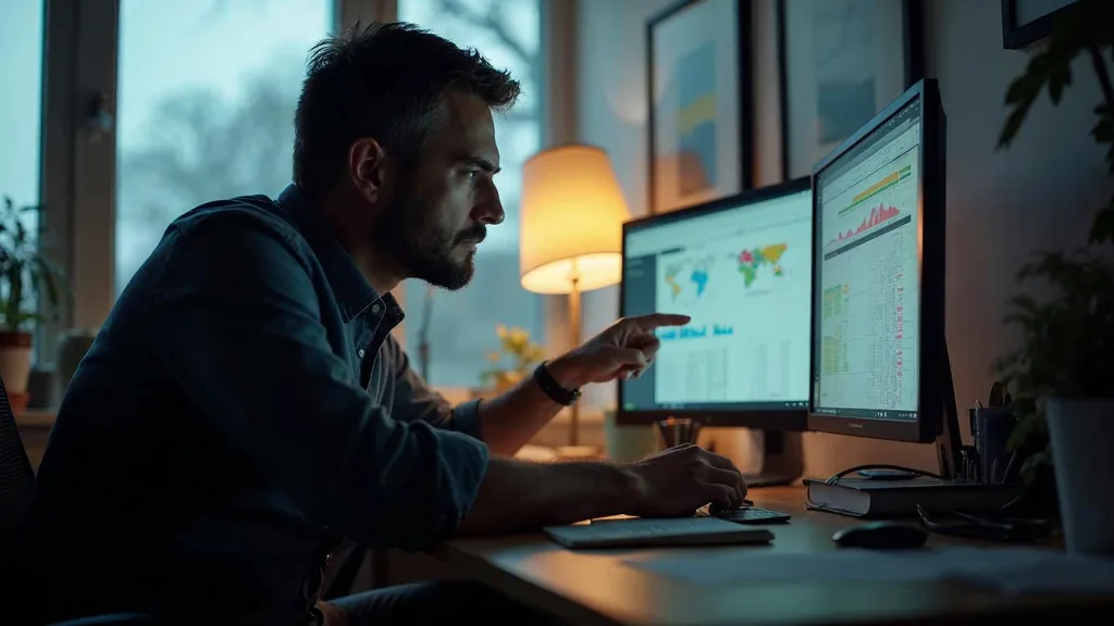 Data analyst crouched beside a colleague's desk pointing at a spreadsheet on a monitor in late afternoon light