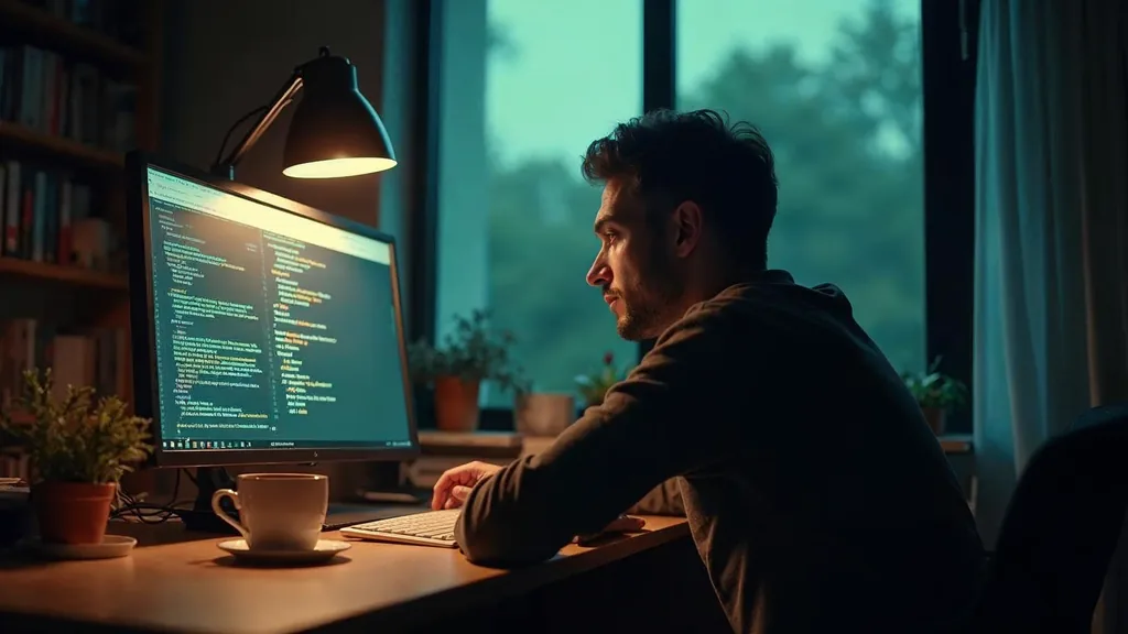 Web developer leaning back at a cluttered desk at dusk as a browser debug panel glows on screen