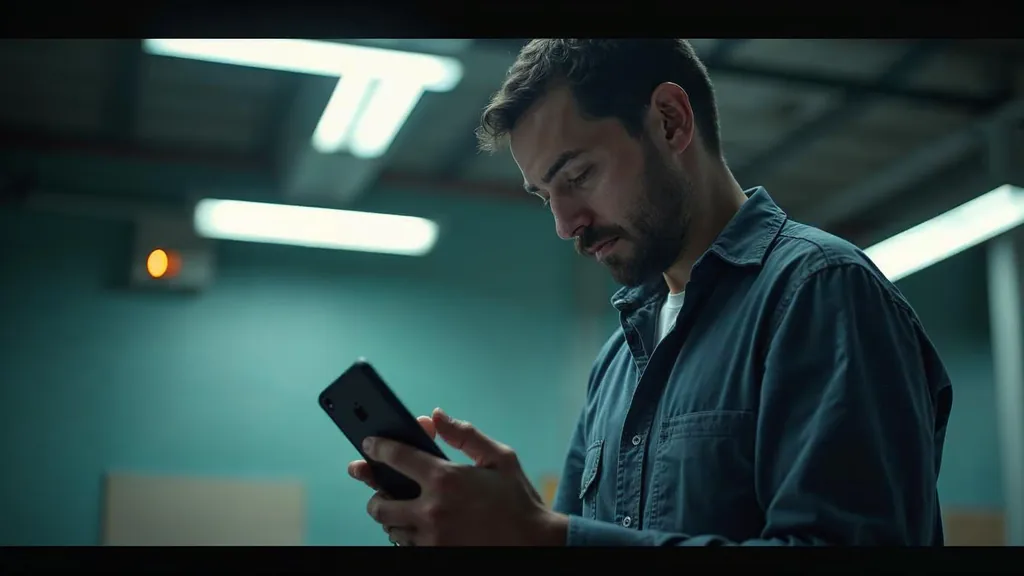Shift supervisor in a warehouse break room scrolling a phone during a handover under fluorescent light