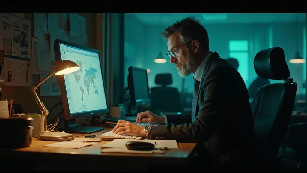 Journalist at a cluttered newsroom desk reading from a monitor late in the evening under one desk lamp