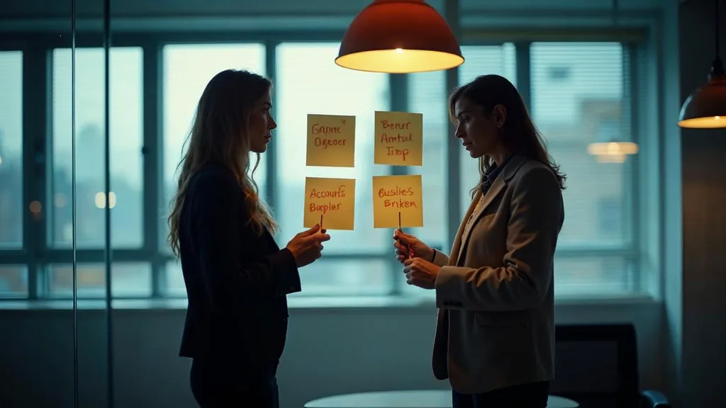 Two B2B marketers at a glass wall reviewing sticky notes of account names in late afternoon light