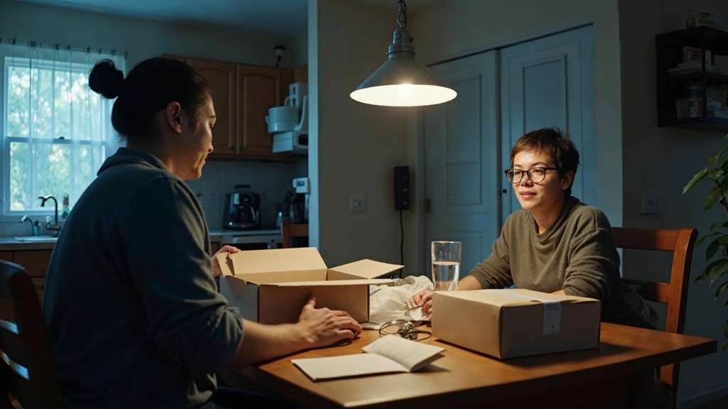 A customer filming an unboxing on a kitchen table strewn with packaging, photographed in Oakland