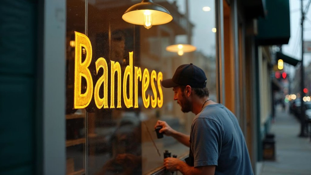 A sign painter finishing gold lettering on a shopfront window from the street side, photographed in Oakland