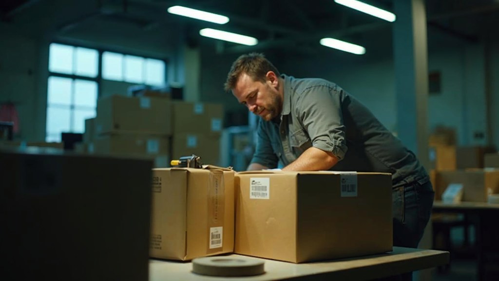 A warehouse worker taping shipping boxes under strip lighting in a small fulfilment room, photographed in Oakland