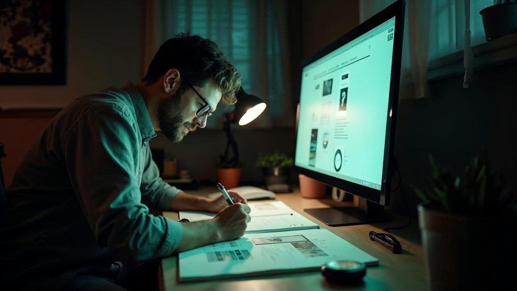 A studio designer sketching a page layout on paper beside a monitor in a dim room, photographed in Oakland