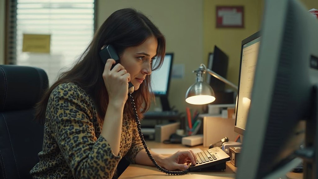 An office manager at a cluttered desk with a landline handset tucked under one ear, photographed in Oakland