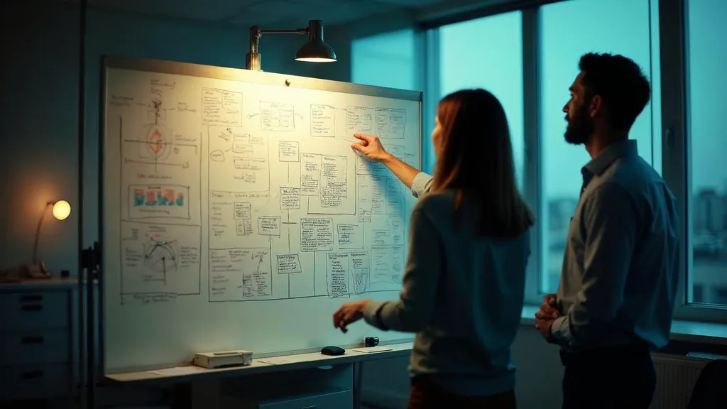 Two analysts at a whiteboard of hand-drawn funnel diagrams in a quiet office at dusk