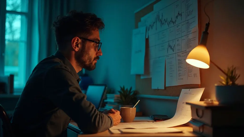 An econometrician studying a printed chart pinned to a corkboard at a dim desk