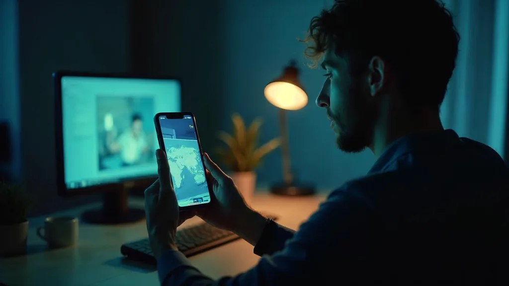 A media buyer at a dim desk at night reviewing a vertical video on a phone beside a glowing monitor