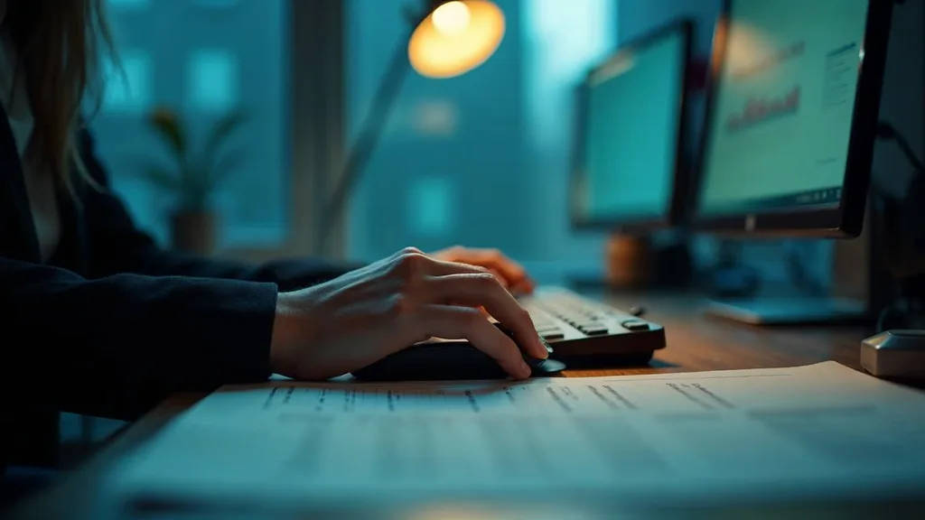 A search marketer at a desktop workstation early in the morning with printed keyword lists beside the keyboard