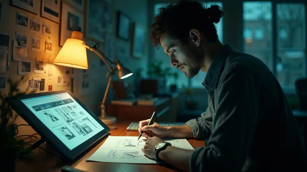 An animator sketching storyboard frames on paper beside a graphics tablet in a dim studio