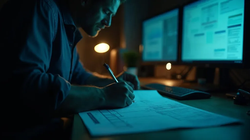 A data engineer at a dim desk at night tracing a printed customer journey diagram with a pen
