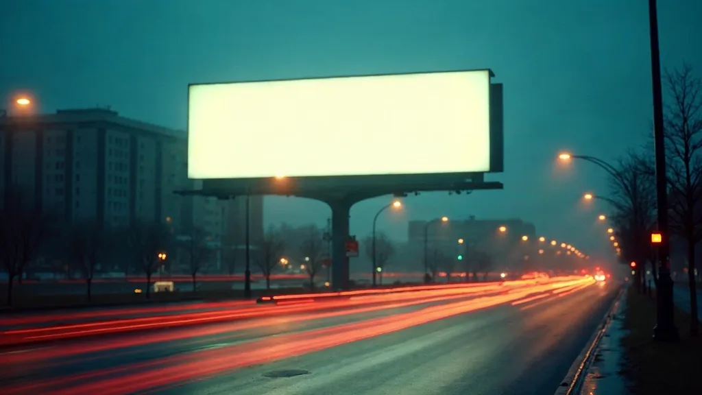 A large blank illuminated billboard above a wet city street at dusk, shot from below with traffic light trails