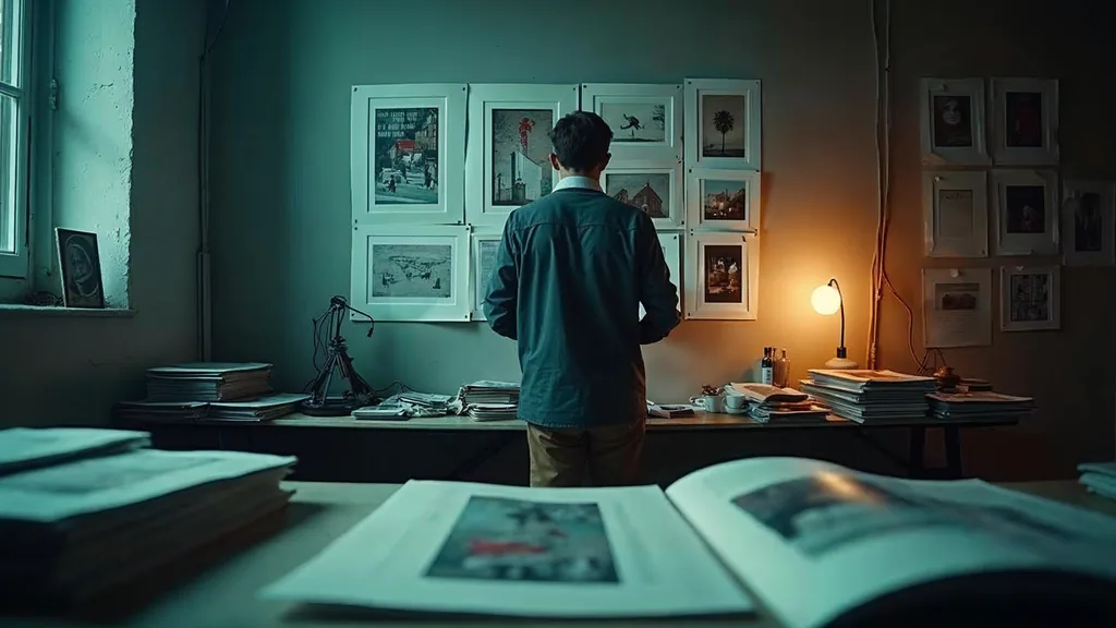 A creative director in a dim studio pinning printed advertising frames in a grid on a wall