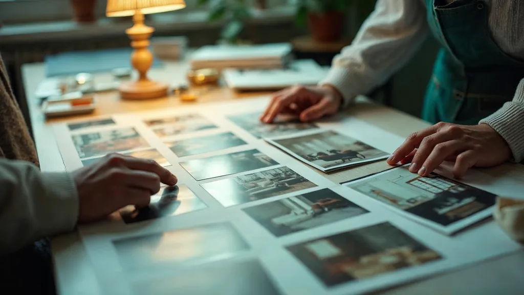 An art director arranging printed interior and fashion photographs into a mood grid on a pale table