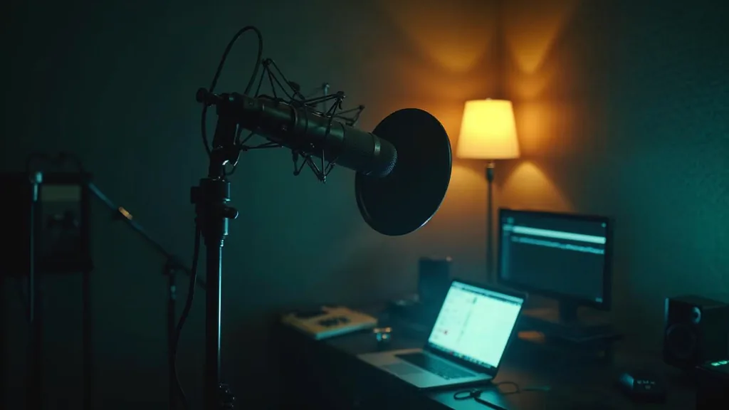 A dim recording booth with a large condenser microphone on a boom arm in sharp focus