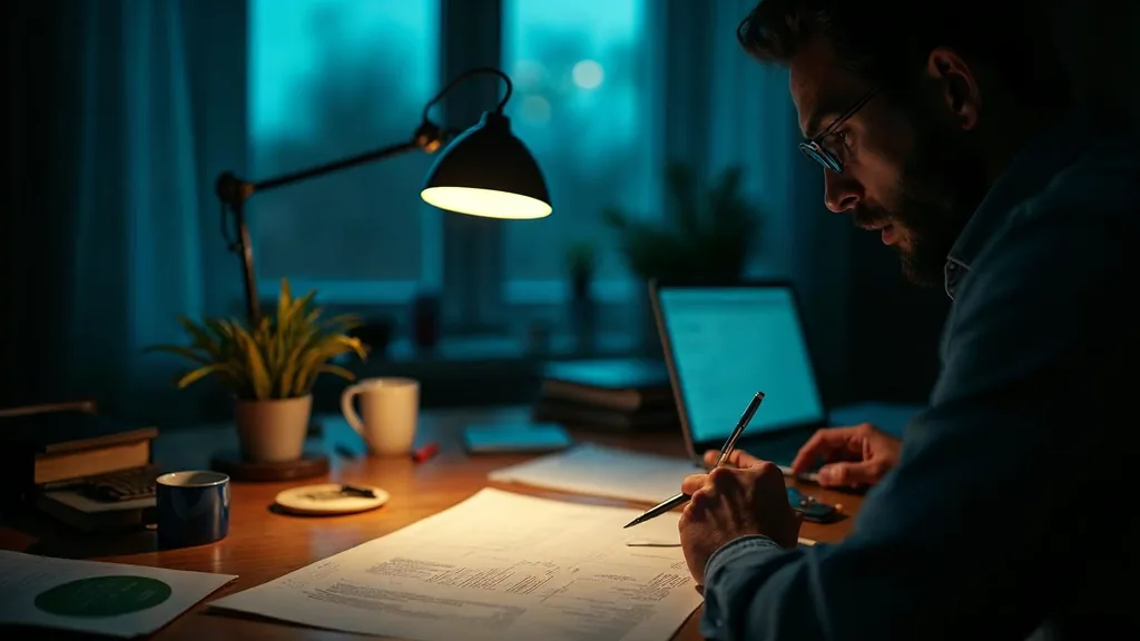 A privacy engineer reviewing a printed list of tracking scripts by lamplight at a desk in the evening
