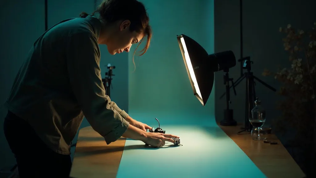 A photographer adjusting a softbox over a small styled product set on a seamless sweep in a dim studio