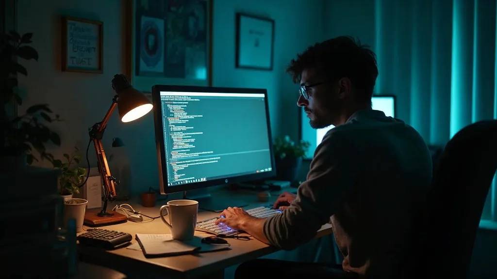 A community manager reading a long discussion thread on a monitor at a cluttered desk late at night