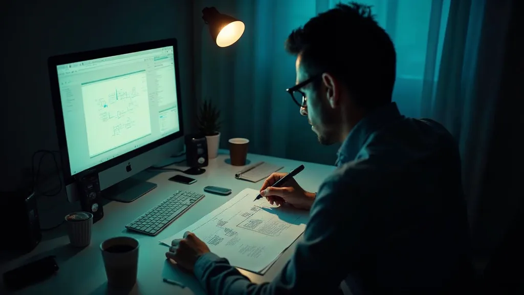 A developer tracing a hand-drawn data flow diagram on paper beside a glowing monitor before dawn